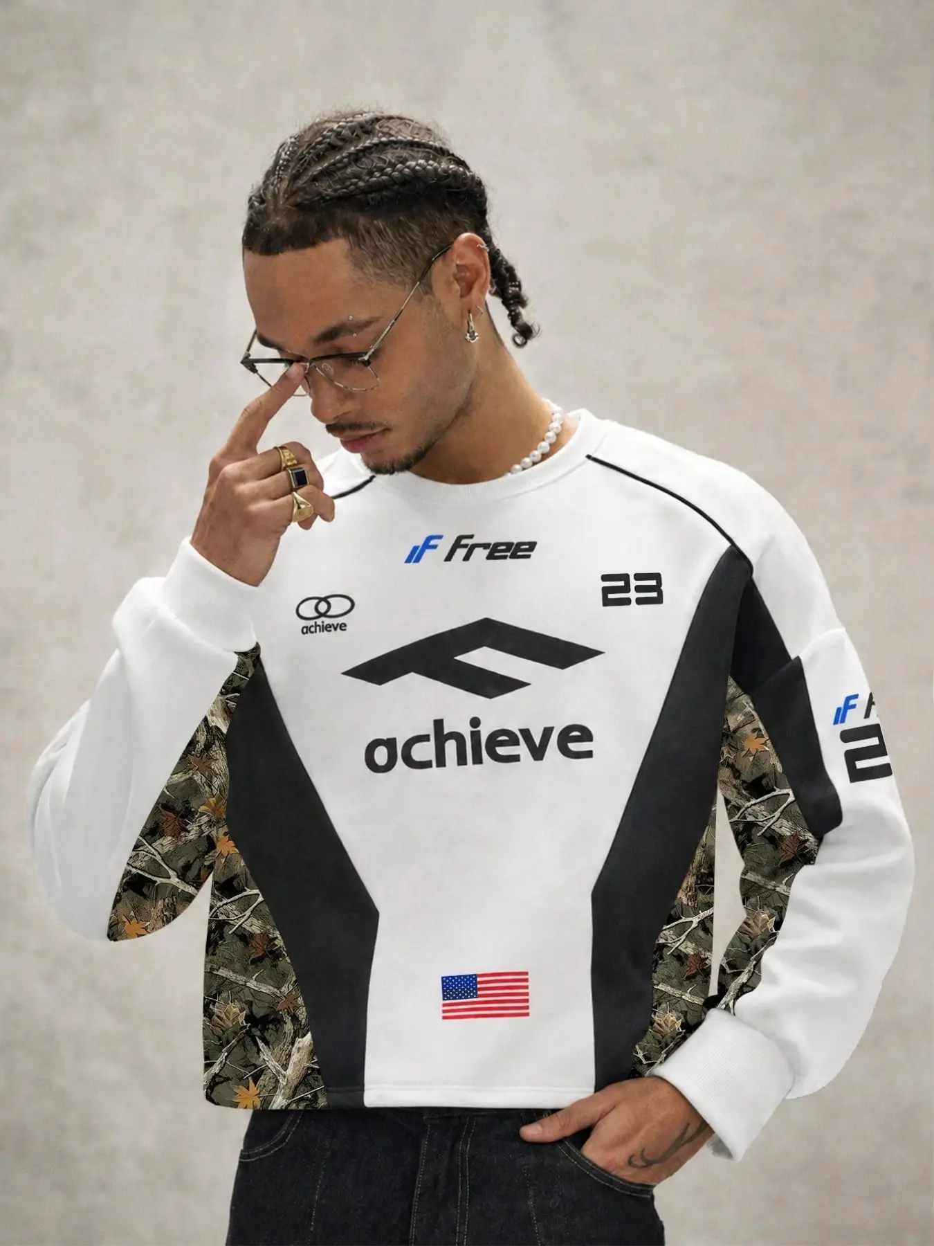 Cropped racing crewneck sweatshirt with color-blocked camo panels, sporty racing style top, made from soft and comfortable fabric. Streetwear sporty vibe. Perfect for everyday outings, car meetups, and street photos.
