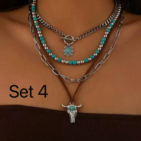 Boho Vintage Turquoise Beads Texture Decor Layered Jewelry Set, Including Necklace & Bracelets & Earrings, Bohemian Style Fashion Jewelry for Parties and Daily Wear