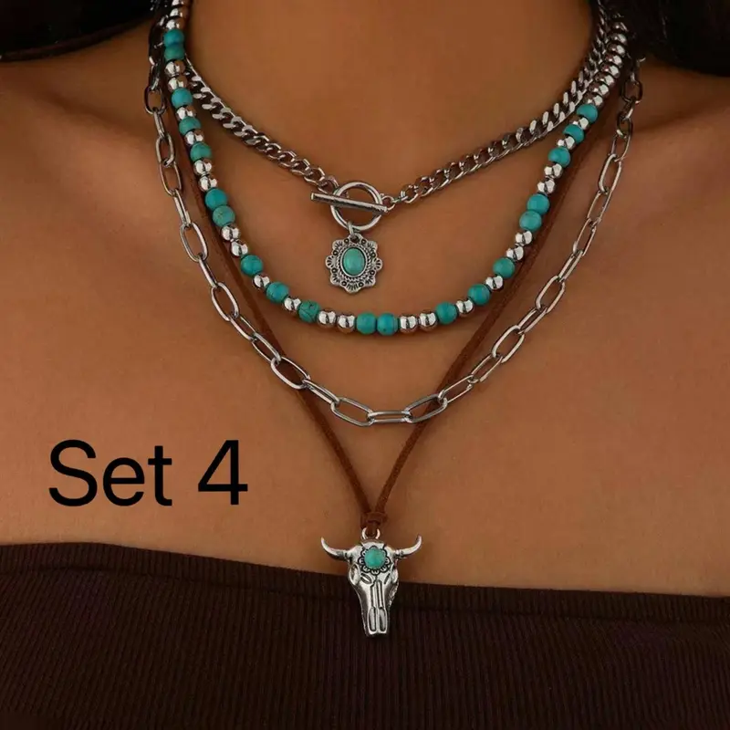Boho Vintage Turquoise Beads Texture Decor Layered Jewelry Set, Including Necklace & Bracelets & Earrings, Bohemian Style Fashion Jewelry for Parties and Daily Wear