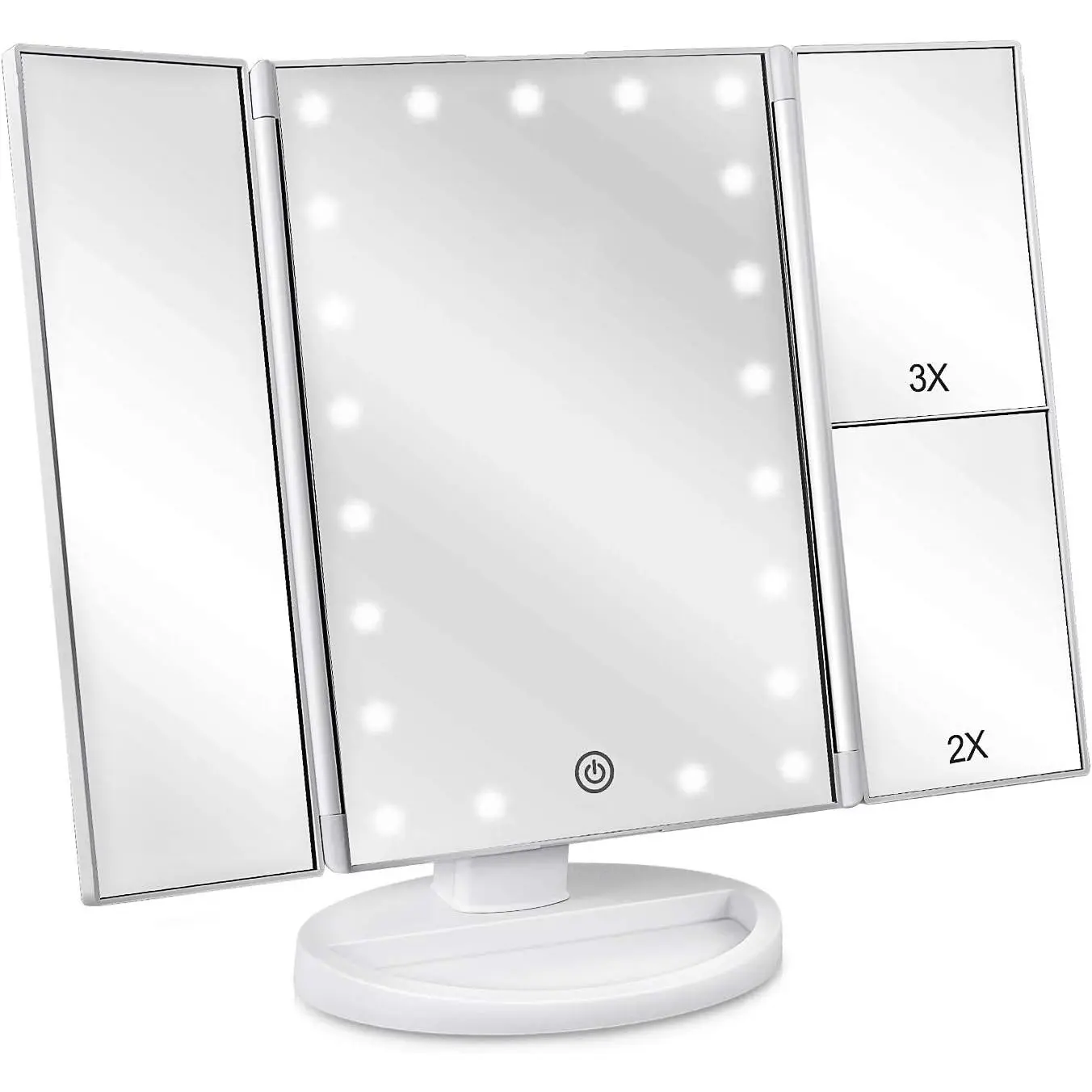 Floor Standing Tri-Fold Lighted Vanity Mirror with 21 LED Lights, Touch Screen Makeup Mirror with 3X/2X/1X Magnification, Adjustable Floor Makeup Mirror, Dual Power Supply Cosmetic Mirror for Home & Travel