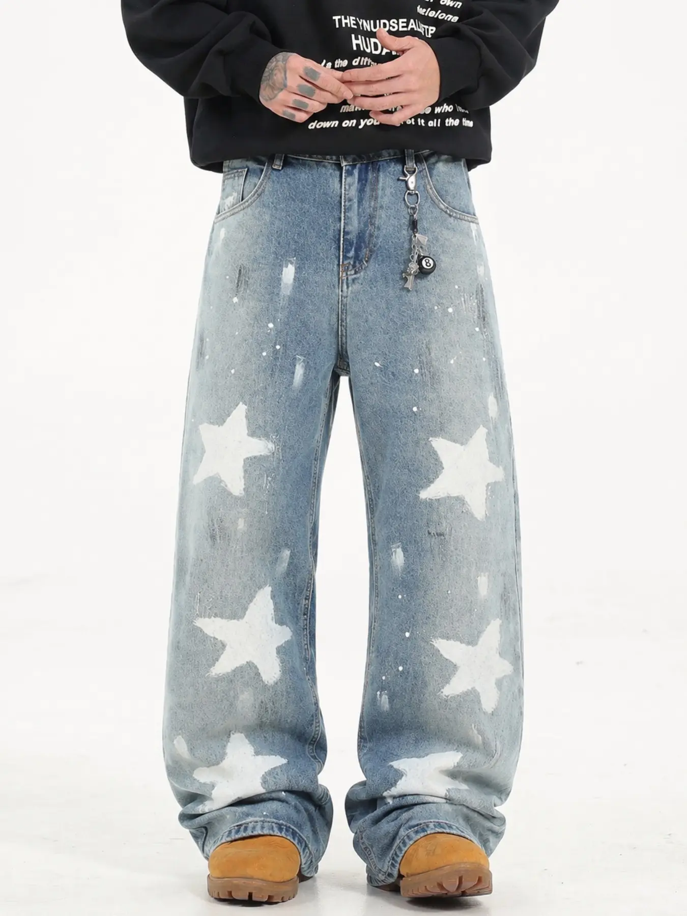 Men’s Black Washed Baggy Jeans with White Chenille Star Patches and Paint Splatter Details, Wide Leg Y2K Streetwear Denim Pants