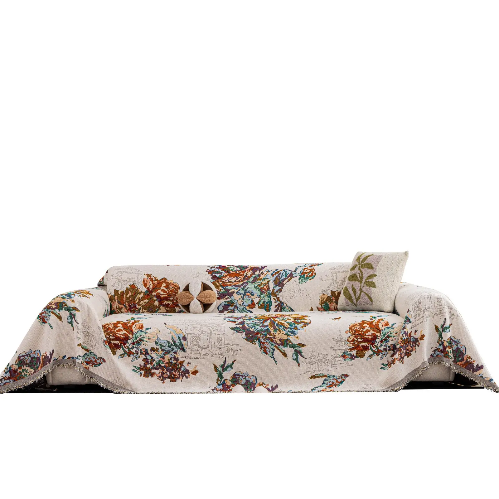 Vintage Oil Painting Floral Sofa Cover with Tassels, Universal All-Season Couch Protector in American Country Style, Fully Wrap Slipcover for Home Decor