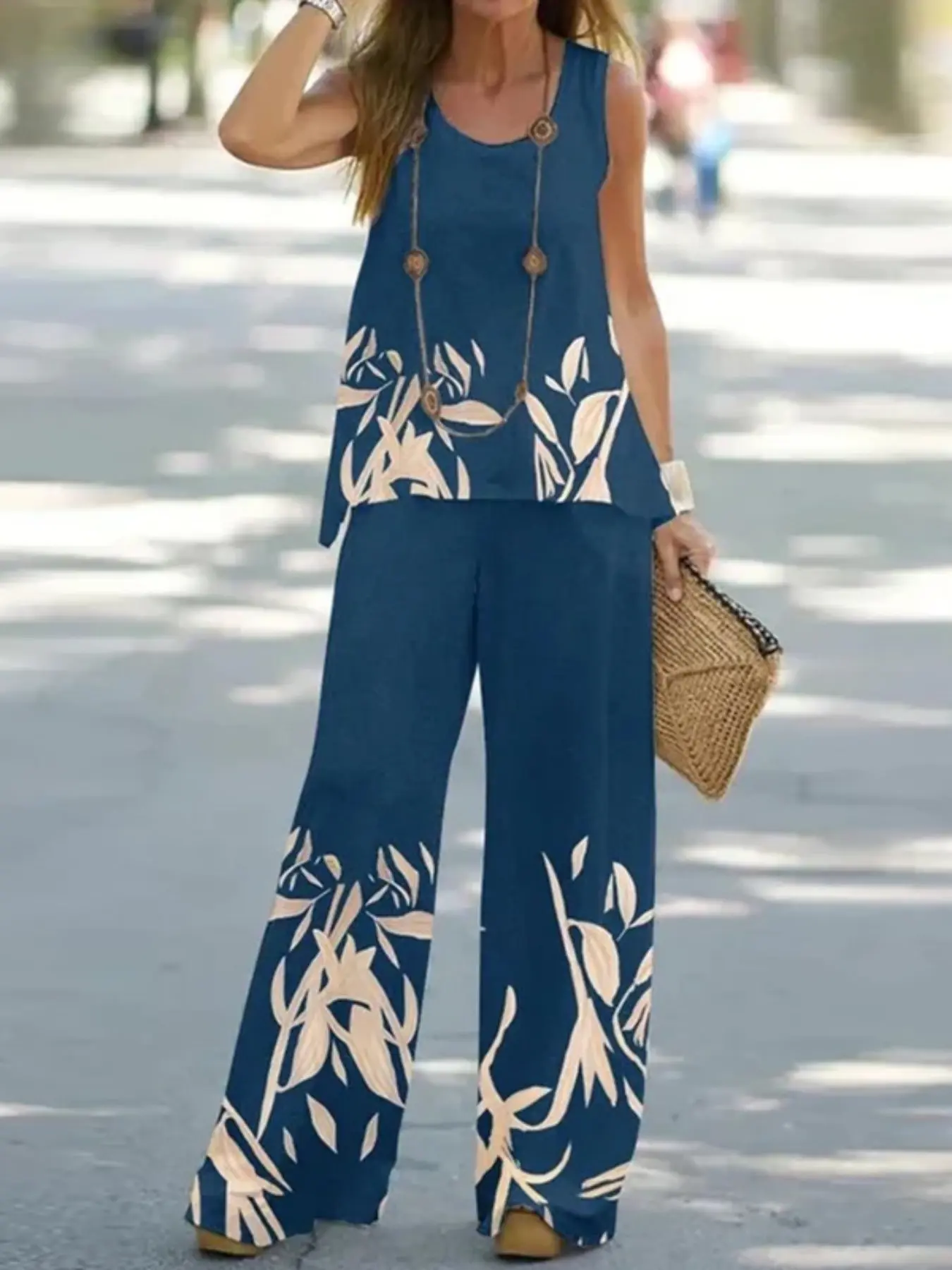 Women's Comfy & Chic Floral Print Loungewear Set, Comfy Pajama Sets, Loose Fit Sleeveless Top and Wide Leg Pants, 2pcs Comfortable Sleepwear