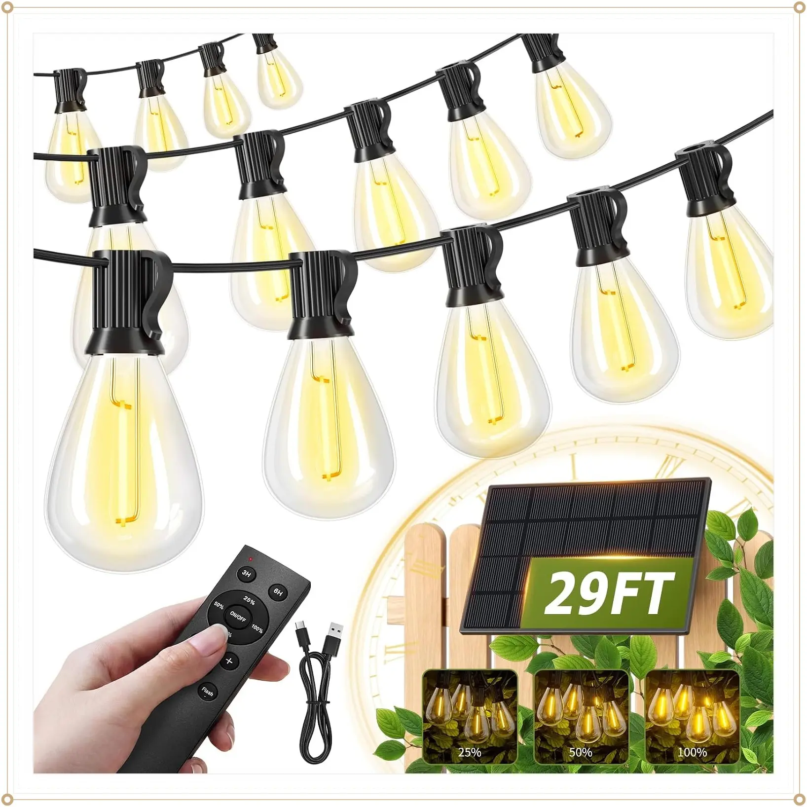 30FT Waterproof Solar String Lights with 10+1 LED Shatterproof Bulbs, Remote & USB Port, 3 Dimmable Modes for Patio, Garden, CampingGift