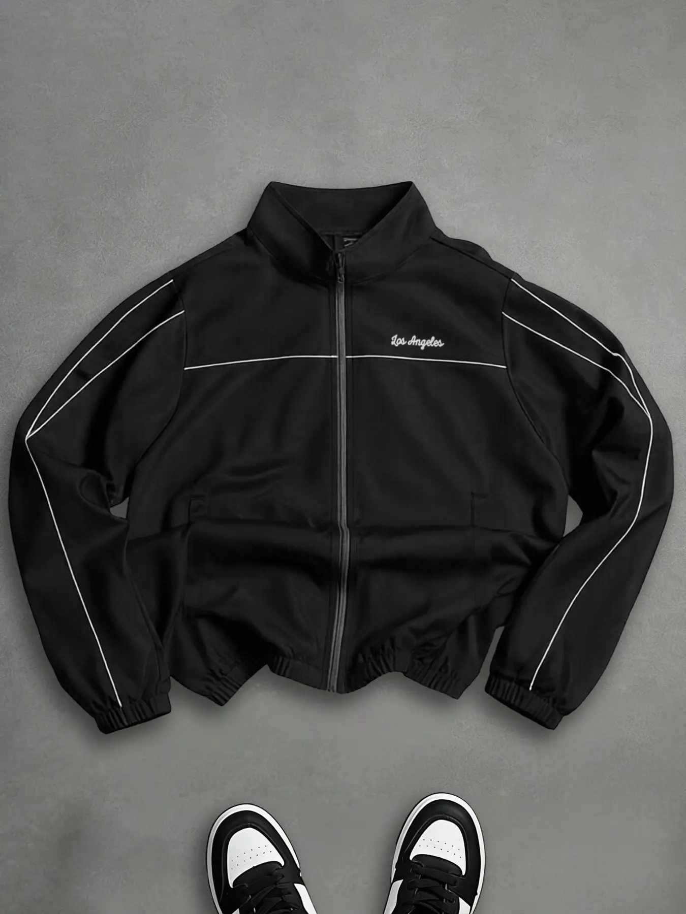 Men's Vintage Los Angeles Letter Embroidery Striped Sport Jacket, Casual Sportswear Jacket, Casual Athletic Jacket, Stand Collar, Full Zip, Loose Fit, Windproof, Y2K Streetwear, Wind Resistant Outerwear, Casual Outerwear