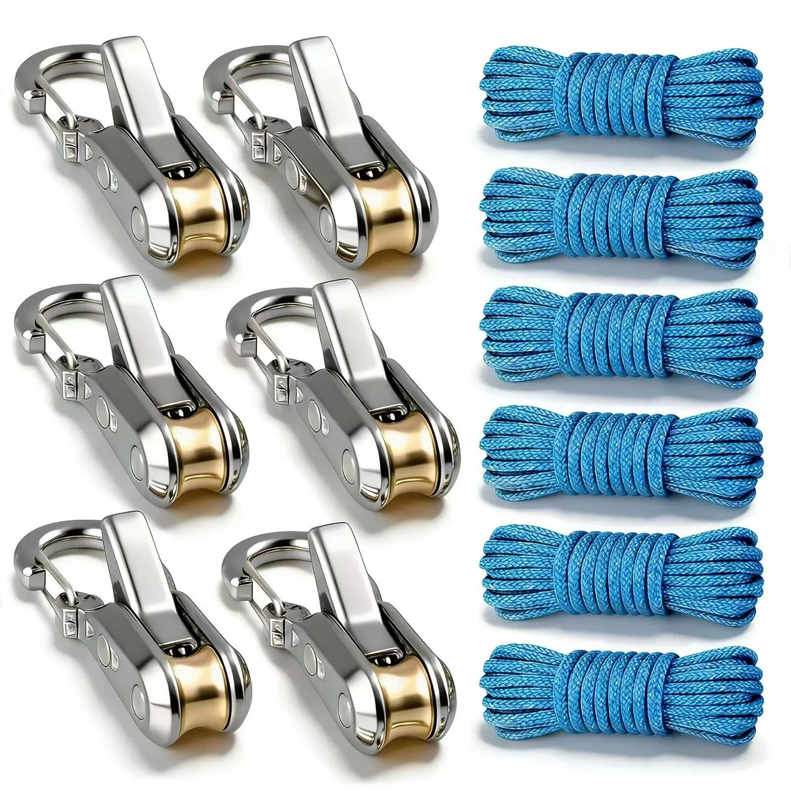 12Pcs Tent Cord Adjuster Set, Rolling Rope Tensioners with Accessories Ropes, Pulleys, Outdoor Retractable Locking Buckles, Camping RV Fixed Hooks, Multifunctional Outdoor Guyline Fastener Tools