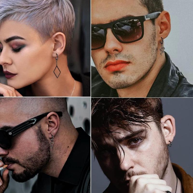 FINREZIO 22 Pcs Dangle Earrings for Men Stainless Steel Hinged Huggie Hoop Earrings Punk Long Chain Stud Snake Feather Sword Dangle Kpop Earrings for Men Black and Sliver Tone Daily FINREZIO 22 Pcs Dangle Earrings for Men Stainless Steel Hinged Huggie Hoop Earrings Punk Long Chain Stud Snake Feather Sword Dangle Kpop Earrings for Men Black and Sliver Tone Daily