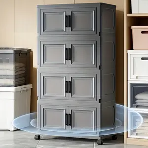18.5" large-capacity foldable lid storage box with casters, 3/4/5/6-tier stackable plastic storage boxes with doors and handles, multi-functional household storage container/storage drawer cabinet, space-saving storage box