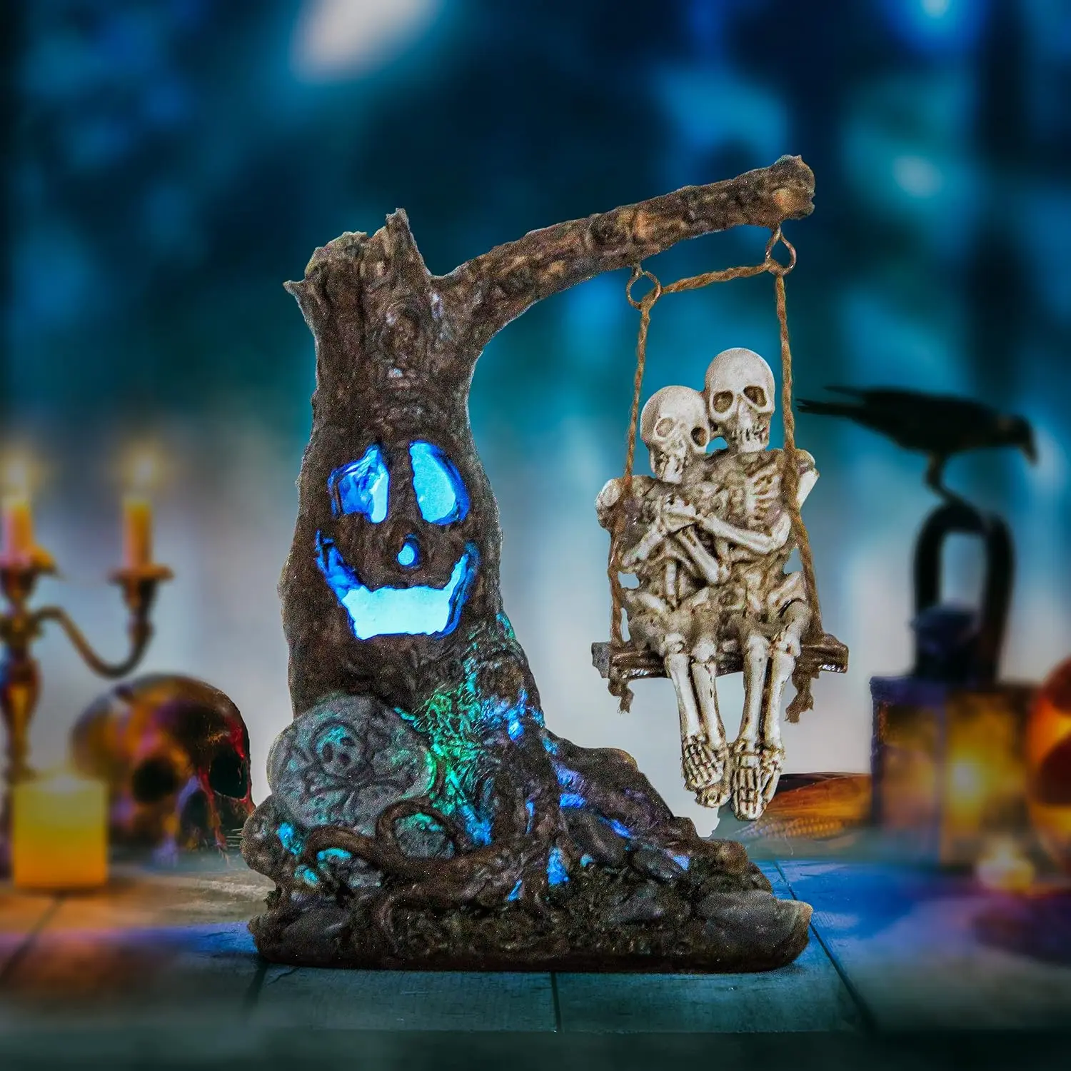 Halloween Skull Statue with Spooky LED Light for  Indoor Decorations | Halloween Decor with Romantic Skeleton Couple  Swing  Tree,  Skull Party Centerpieces Holiday Collectible