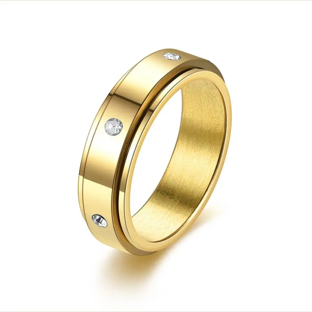 Fidget Anxiety Anti Stress Ring 6mm Gold Silver Color Stainless Steel Crystal Rotatable Spinning Rings for Woman Man Jewelry