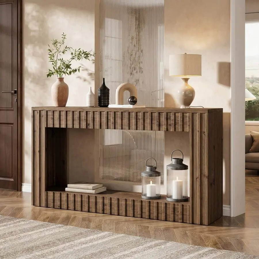 63" Long Solid Wood Sofa Table, Rustic Console Table With Open Storage, Entryway Console Living Room, Hallway, Foyer (Walnut Brown)