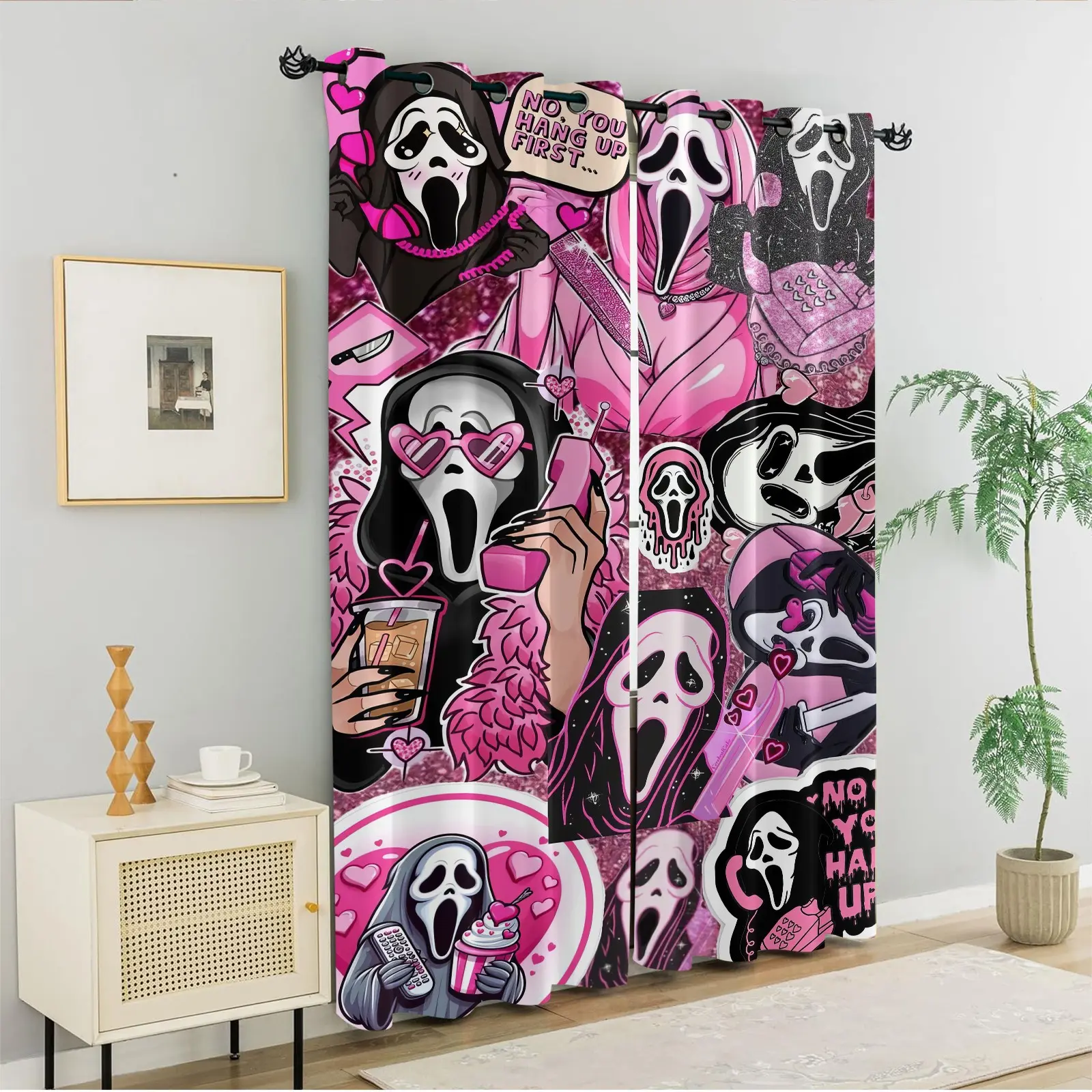 Pink Scream Ghostface Blackout Curtains, Horror Gothic Window Drapes, Spooky Aesthetic Home Decor, Energy Saving, Protect Privacy, for Bedroom, Living Room, Dorm, 2 Pack, Easy to Hang