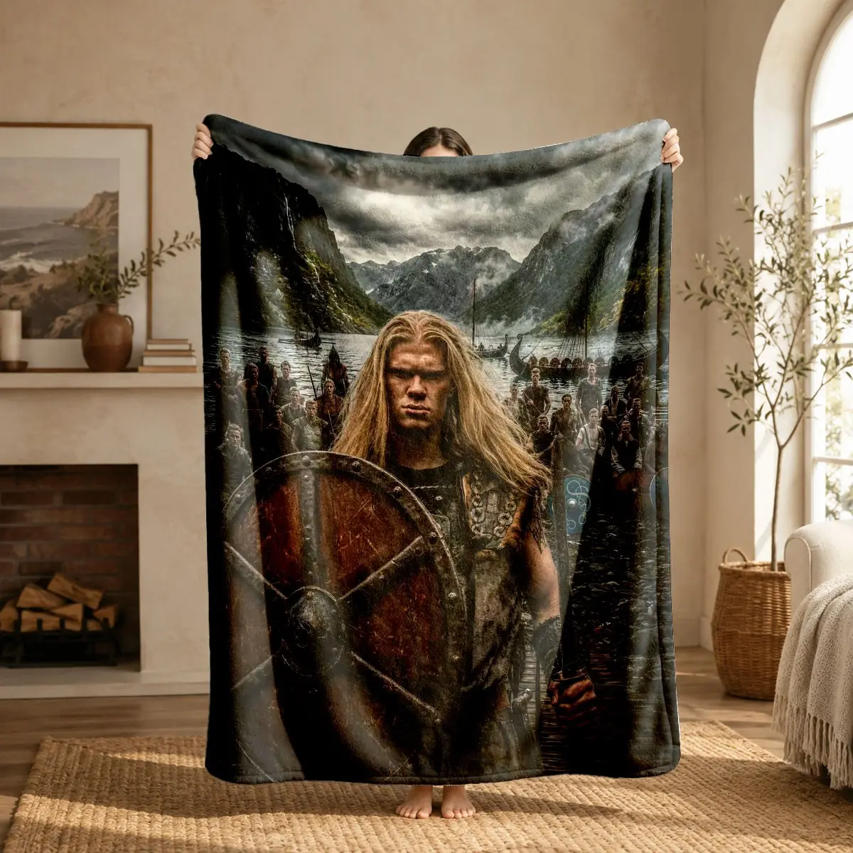 Soft Viking Warrior Haland Print Flannel Blanket, Warm and Comfortable, Ideal for Bed, Sofa, Office, Camping, Travel