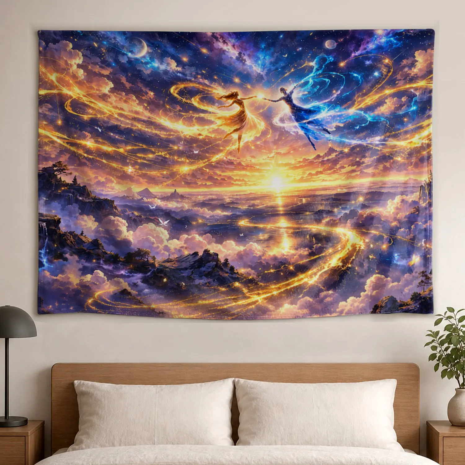 Fantasy Starlight Couple Wall Tapestry - Large Horizontal Printed Polyester Colorfast Wall Decor Artwork, No-Installation Room Decor Blanket, Gift Idea for Family, High-Def Print