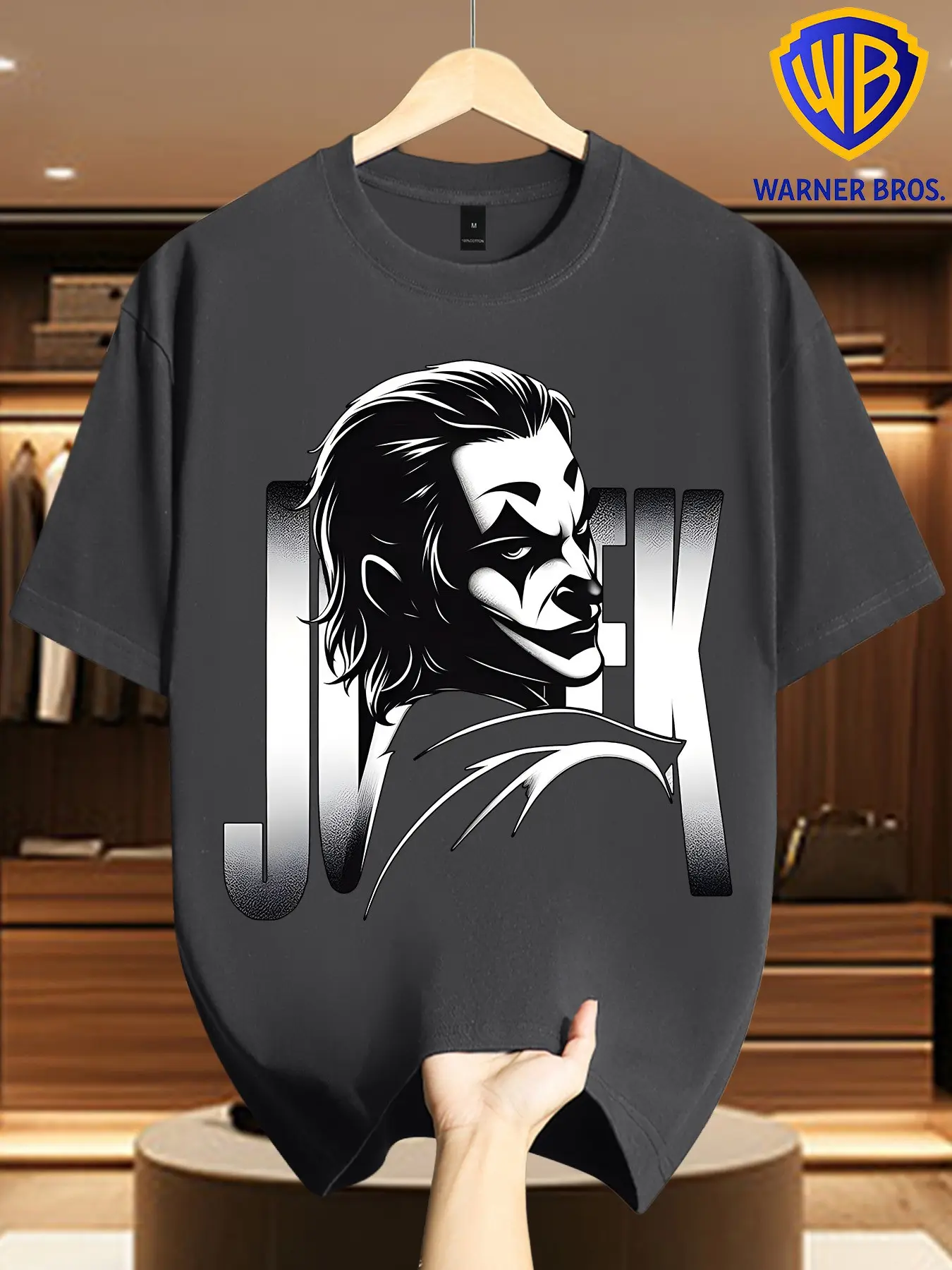 Warner Bros Men's Gradient Joker Print T-Shirt, Large Letter Pattern, Short Sleeve, Casual Gothic Streetwear Top, and Design