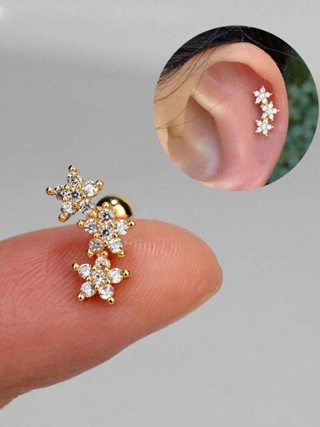 Women's 16 Gauge Cartilage Earrings Stud 3 Flower Cubic Zirconia Design, Hypoallergenic Stainless Steel Dainty Sparkly Daith Conch Tragus Helix Piercing Jewelry for Daily Wear & Party Ear Studs