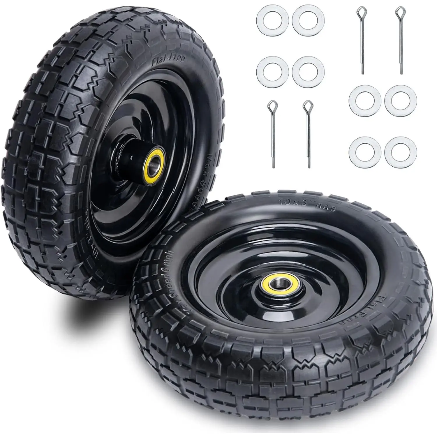 10 Inch Tires(2-Pack), 4.10/3.50-4 Tire and Wheel Flat Free, with 5/8" Bearings, 2.17"Offset Hub for GOR Cart, Wheelbarrow, Trolleys, Hand Trucks & Yard Trailers