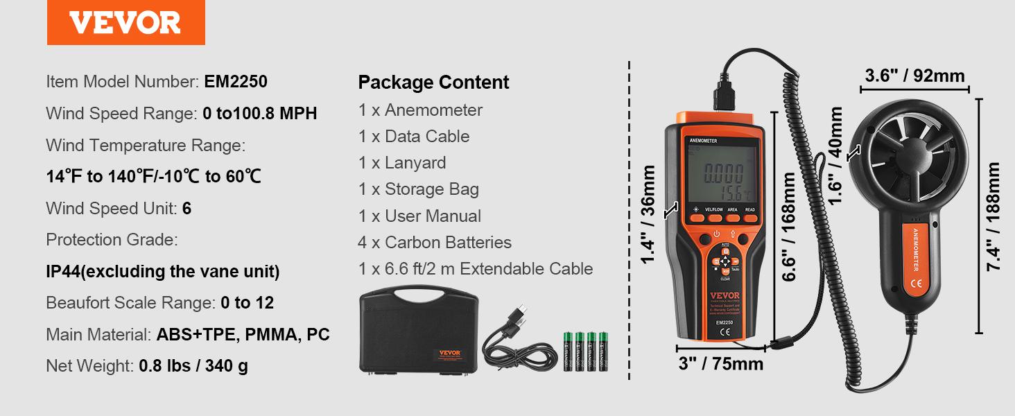 VEVOR Split Handheld Anemometer, 14-140, Digital Wind Speed CFM Meter Gauge with LED Backlight Screen, Measures Wind Velocity Temperature Air Flow, for Sailing Surfing Flying HVAC