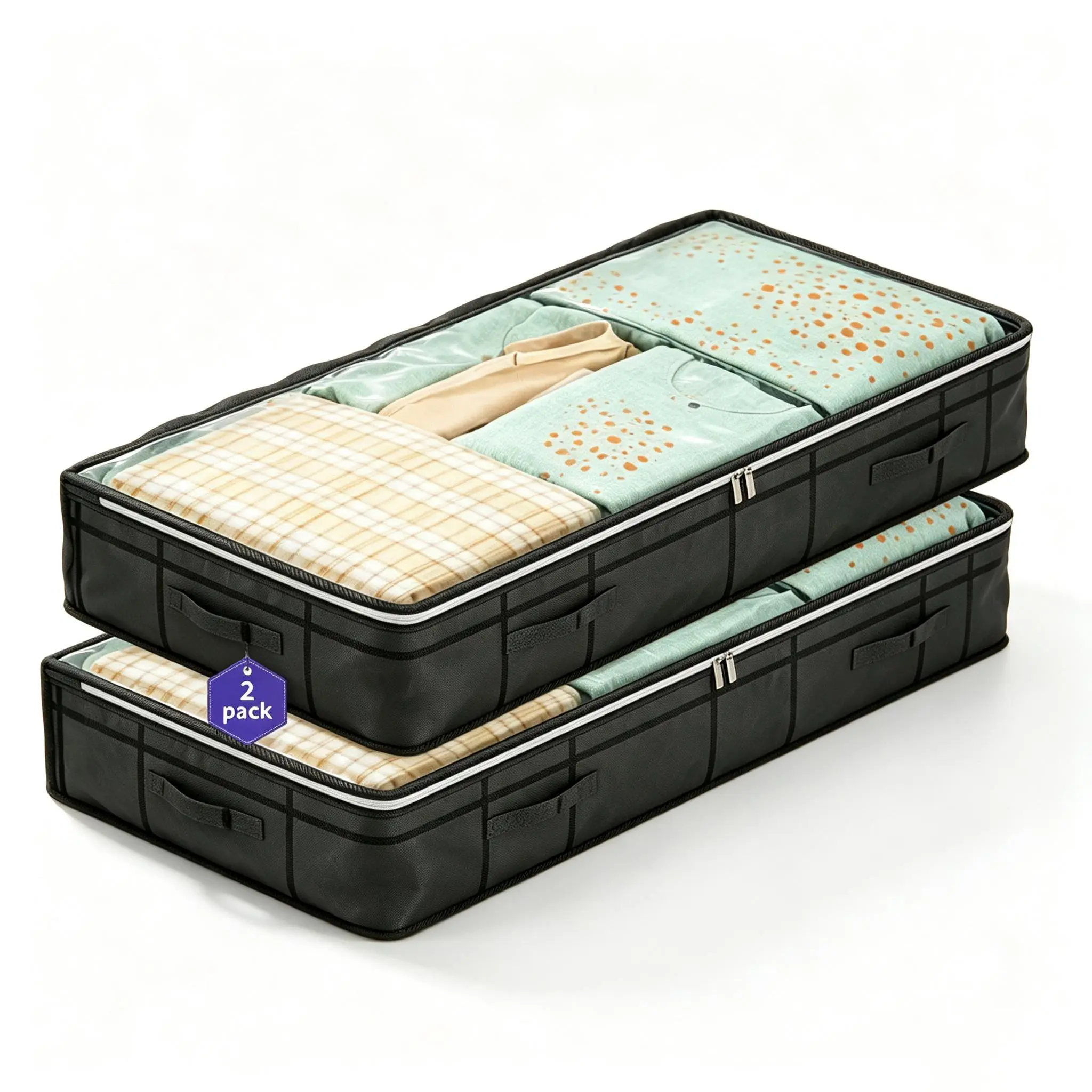 2-Piece Foldable Under-Bed Storage Bag Set, Organiser, Home Organizer Bag, Space-Saving Breathable Bags with Zipper and Transparent Window, 4 Handles, Ideal for Blankets, Clothes and Bedding Organization
