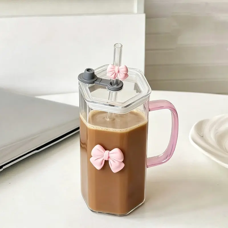 High borosilicate transparent glass office water cup bow glass double drink straw cup with handle juice single layer cup