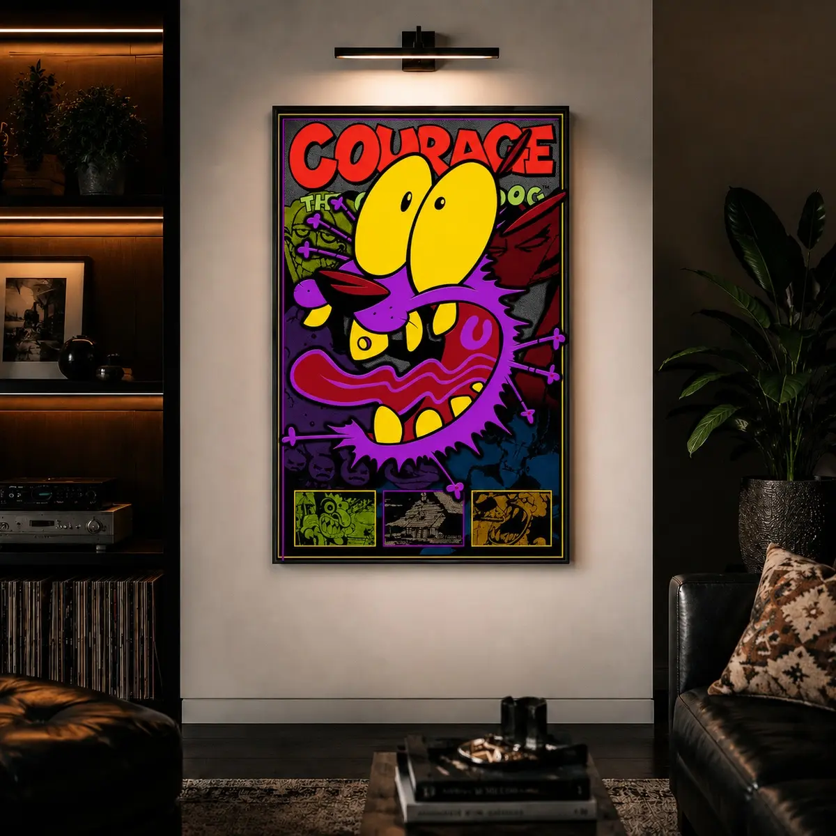 Courage The Cowardly Dog Poster Print - Cartoon Network Contemporary Canvas Art, Green Minimalist Horror Decoration, Multi-Size 1-Piece Frame Set, Room Inspo Bedroom Home Decor, Retro Animation Unique Gift
