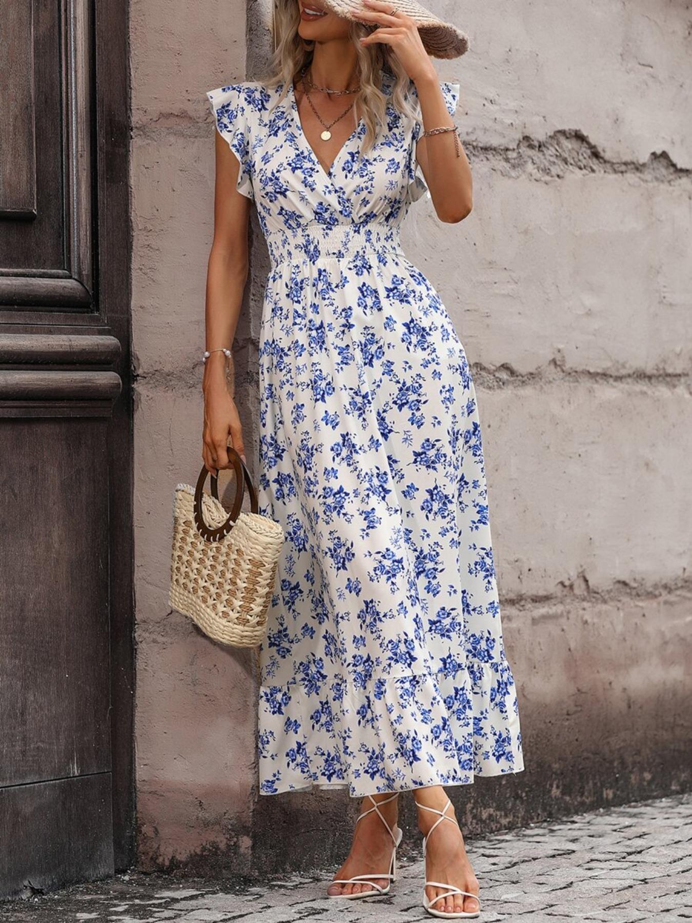 Women's All Over Print Ruffle Trim Butterfly Sleeve Long Dress, Boho Cap Sleeve V Neck Wrap A Line Dress for Holiday Vacation, Summer Outfits 2024, Ladies Dress for Summer