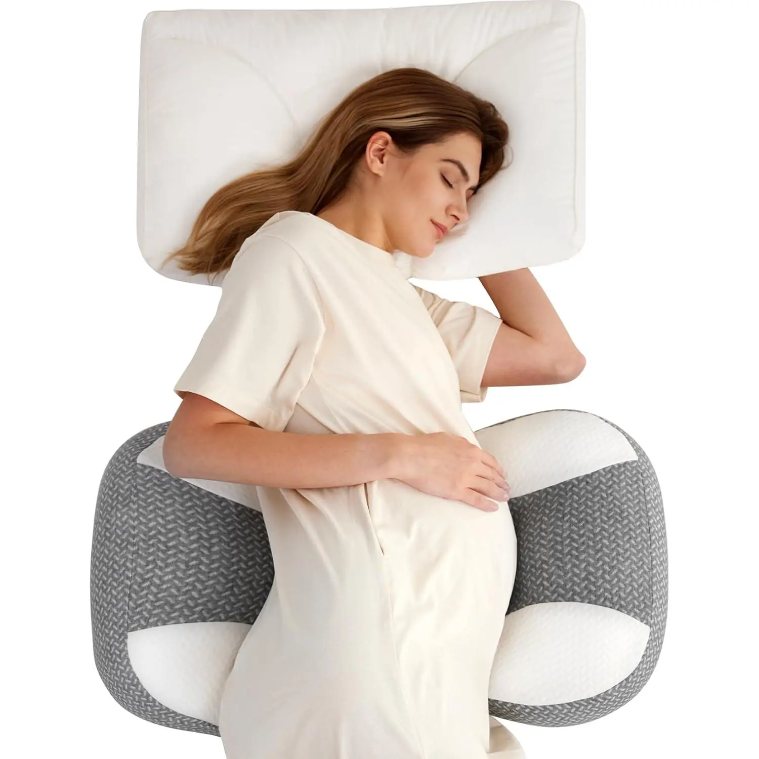 Shaped Pregnancy Pillow  Sleeping - Adjustable Maternity Pillow  Side Sleepers - Portable Wedge Belly Support -Compact Design  Back Belly and HIPS, Grey White