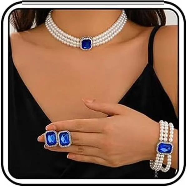 Wekicic Faux  Necklace Earrings Set for Women   Choker Necklace Bracelet Set 1920s  for Wedding Party