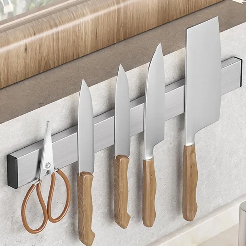 Wall-Mounted Magnetic Knife Holder, 304 Stainless Steel Strong Magnet, No Drilling Kitchen Storage Rack, Suitable for Knives and Metal Utensils