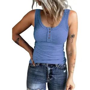 Women's Sleeveless Henley Tank Tops Ribbed V Neck Button Down T Shirts Summer Slim Fit Tee Tops