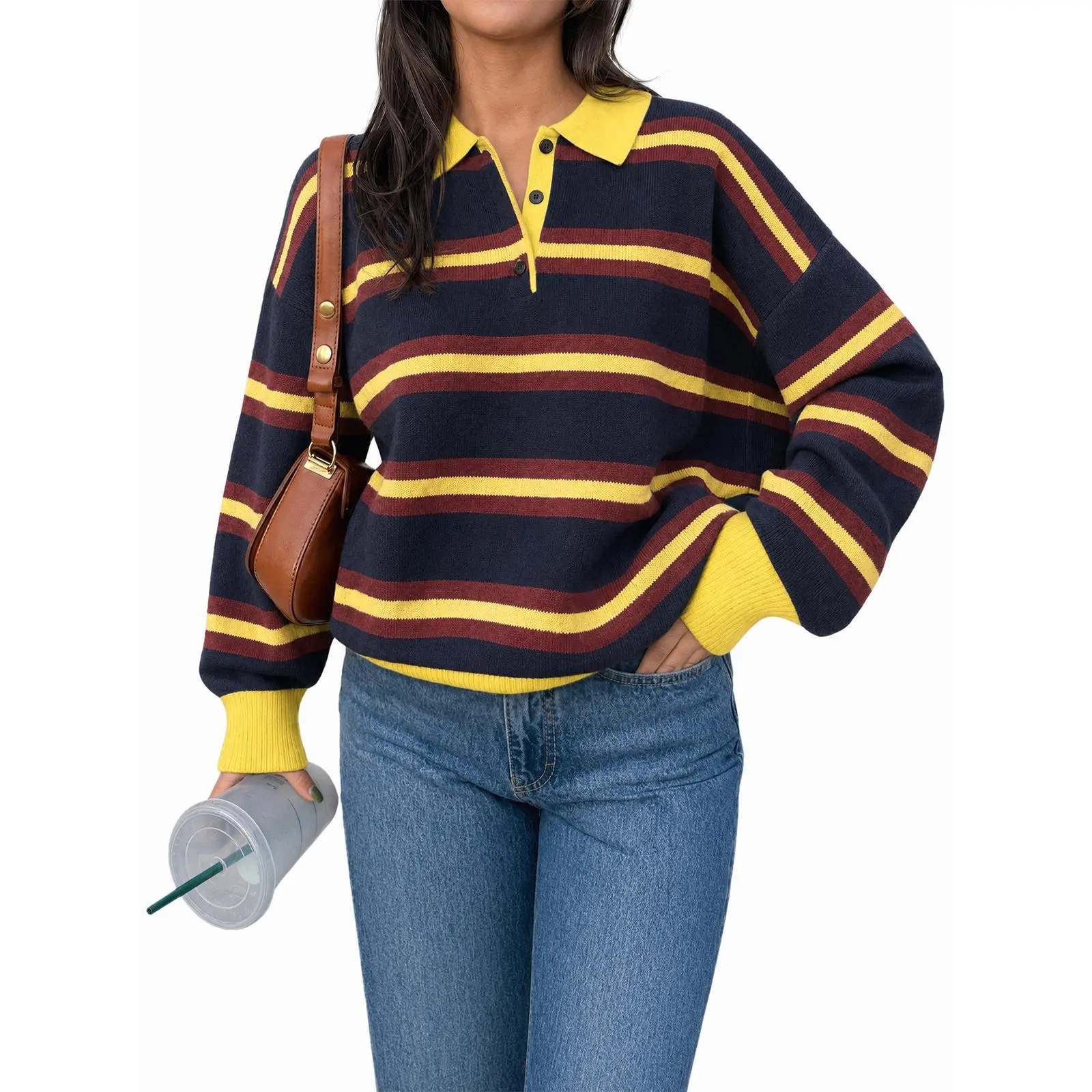 TANKANEO Women's Striped Color-Block Polo Neck Knit Sweater - Longsleeves Fitted Collared Knitted Shirt, Casual Fall Pullover Top