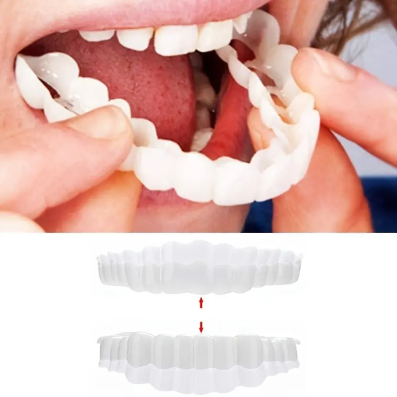 Adjustable Snap-on Temporary Perfect Smile Veneers, Full Upper and Lower Denture Sets, Soft Elastic Snap-on False Teeth for Men and Women, Instant Teeth Cosmetic Dental Accessories, Easy to Wear and Clean