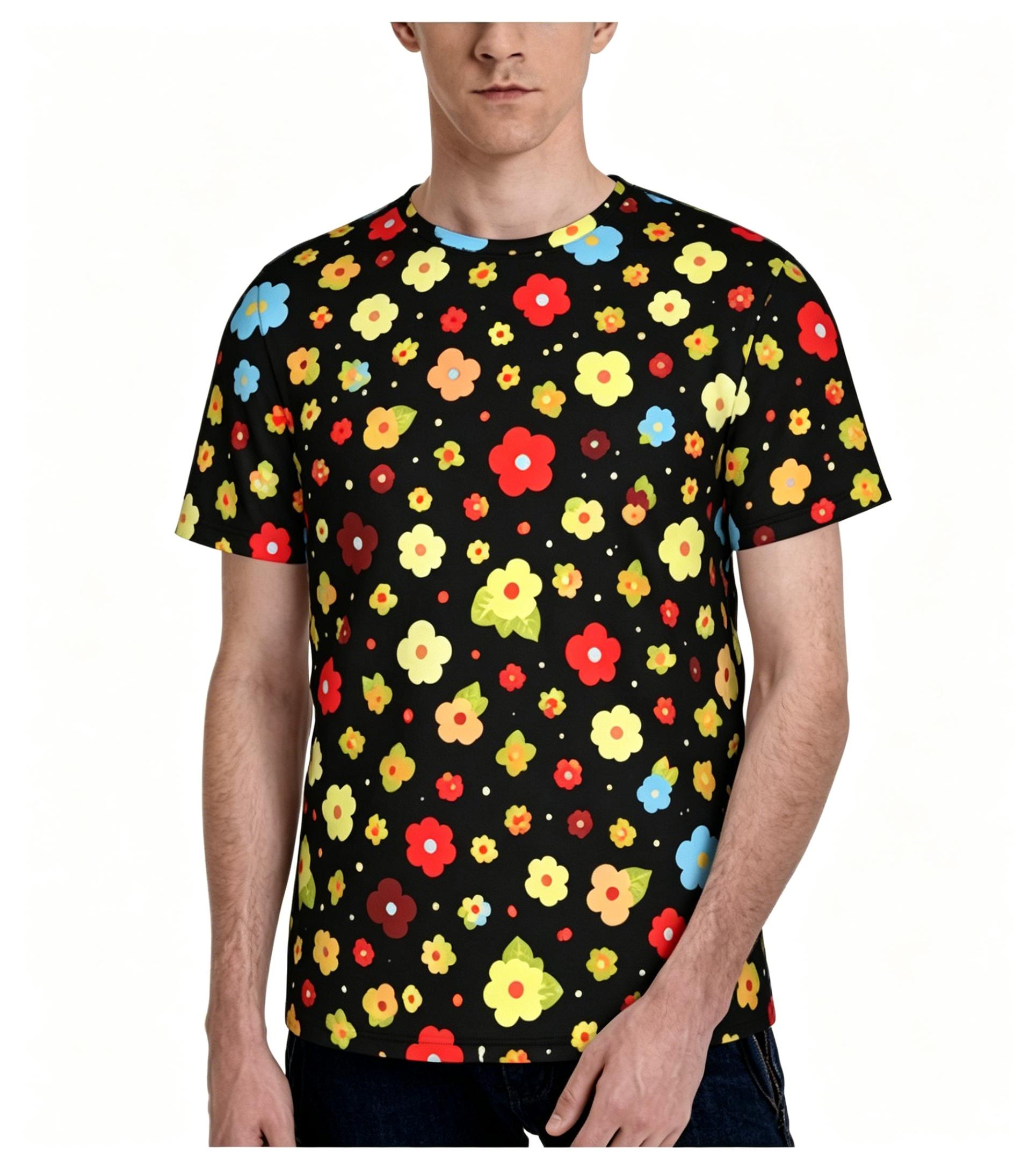 Colorful Floral Retro Cartoon Summer Full-Print Short-Sleeve 3D Printed T-Shirt, Unisex Outdoor Comfortable Top, Party Clothes, Couple Pattern, Gift for Friends