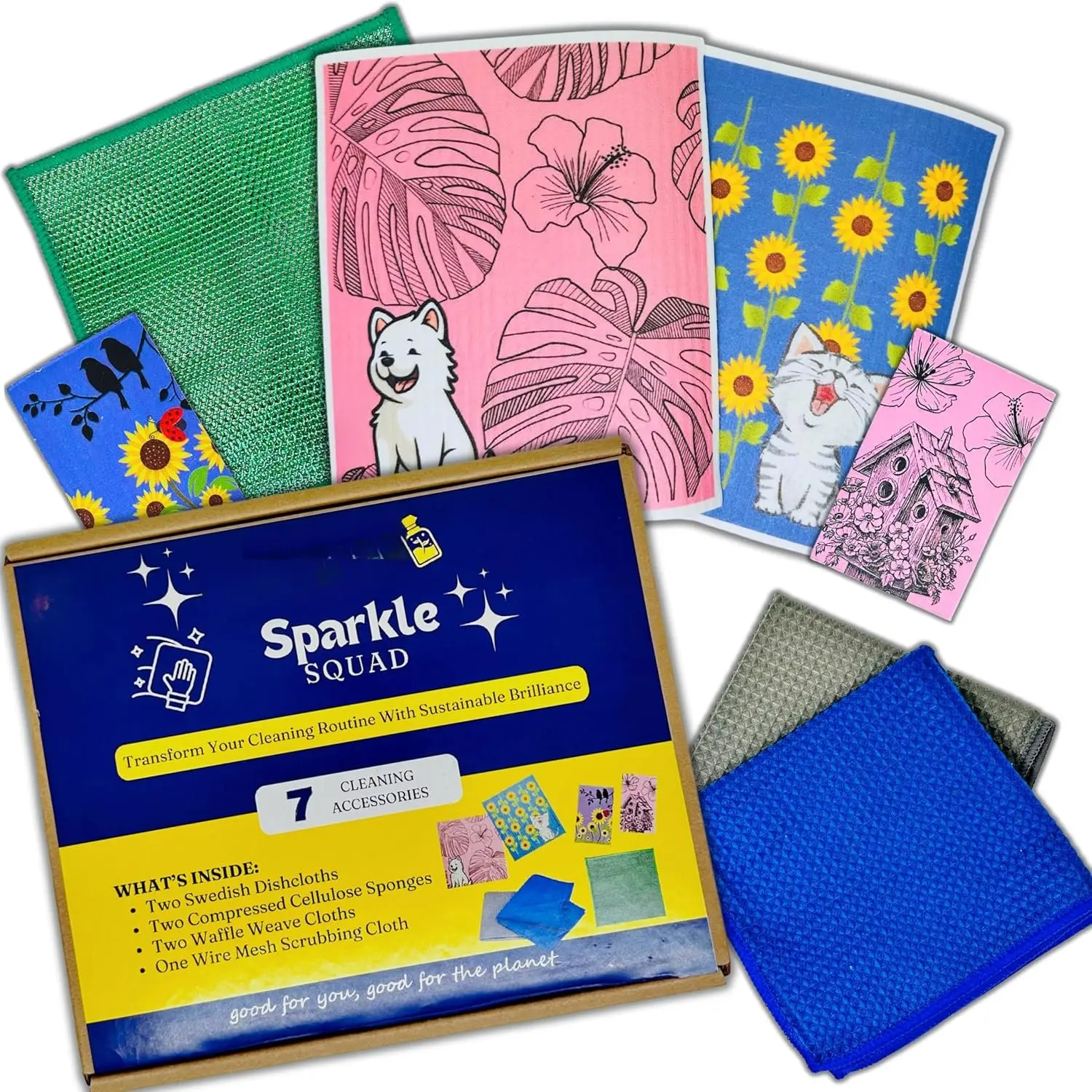 Cleaning Kit - 7 Items: 2 Swedish Dishcloths, 2 Compressed Cellulose Sponges, 2 Glass Cleaning Cloths, 1 Mesh Scrubbing Cloth (No Metal) | Low-, -Based Essentials