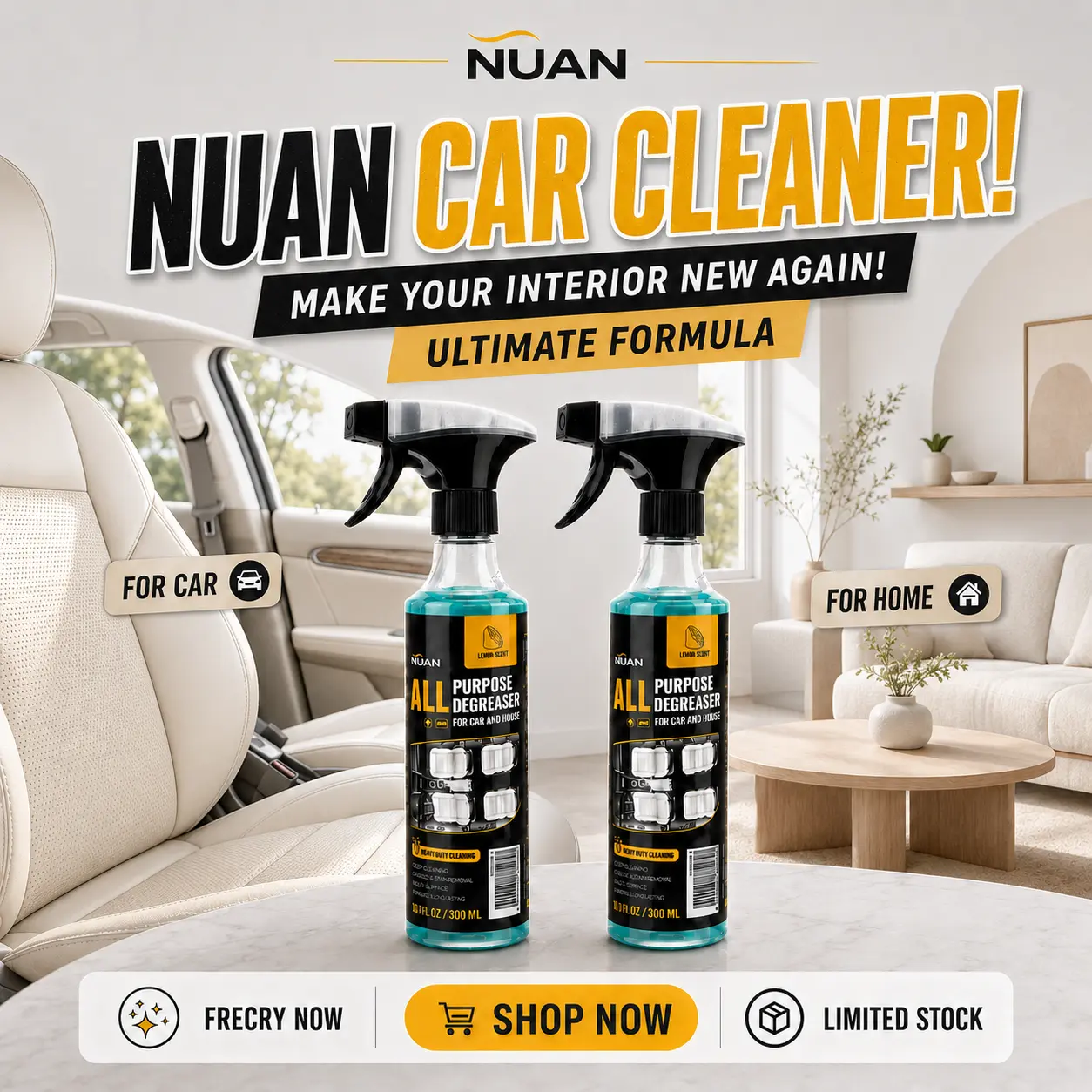NUAN- Multi-Purpose Cleaning Spray:  household cleaner suitable for kitchens, bathrooms, and both interior and exterior car surfaces. Effectively removes stubborn stains.NUAN heavy duty degreaser