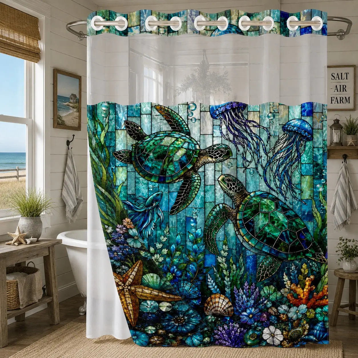 1Pc Hookless Double Layer Shower Curtain Set, Bathroom Shower Curtains, Stained Glass Turtle & Jellyfish Print, Snap-In Waterproof Mildew-Resistant Liner, Fabric Outer Curtain, 71×74 Inch, Machine Washable, for Home, Apartment and Hotel Bathrooms