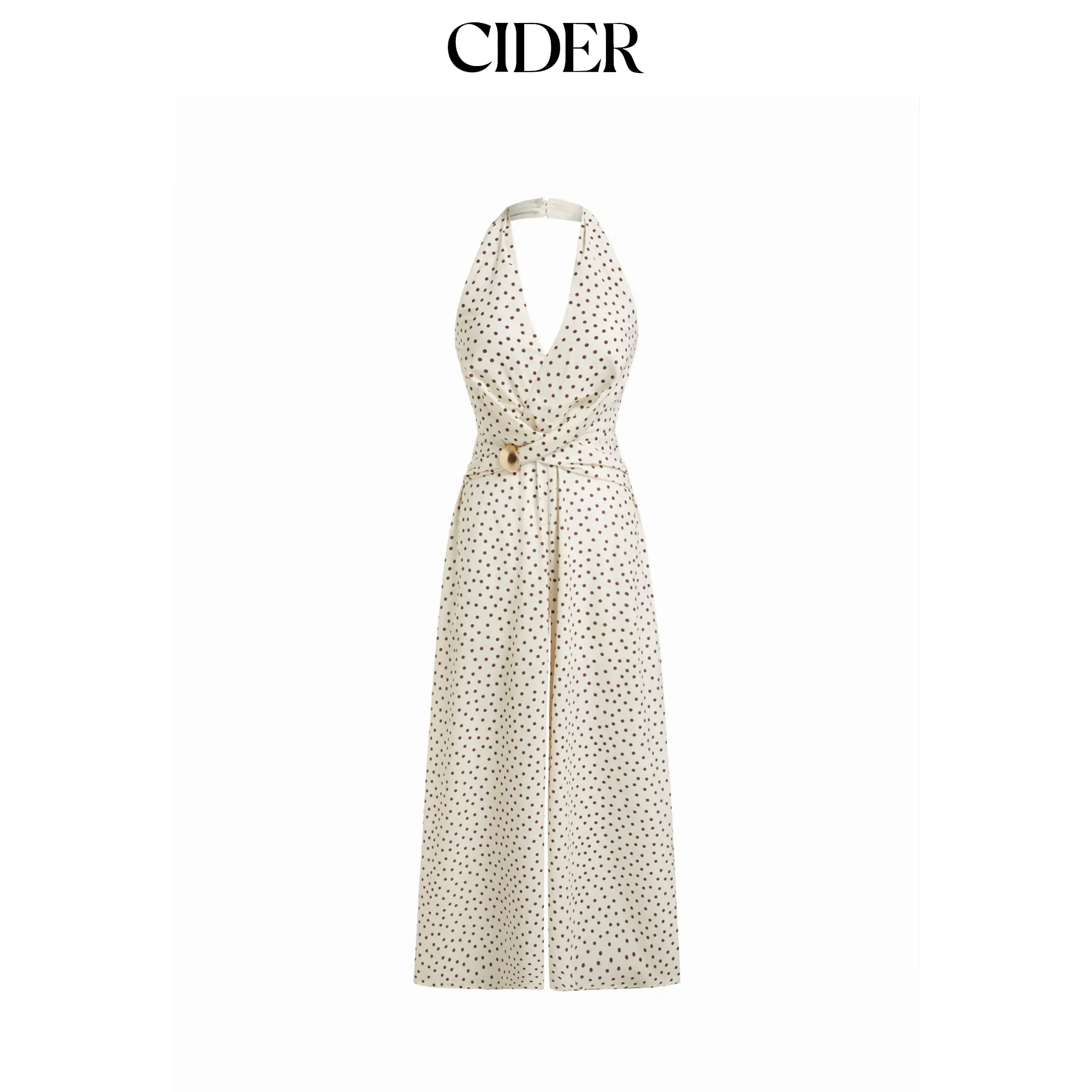 Cider Halter Neckline Polka Dot Ruched Metal Detail Wide Leg Jumpsuit