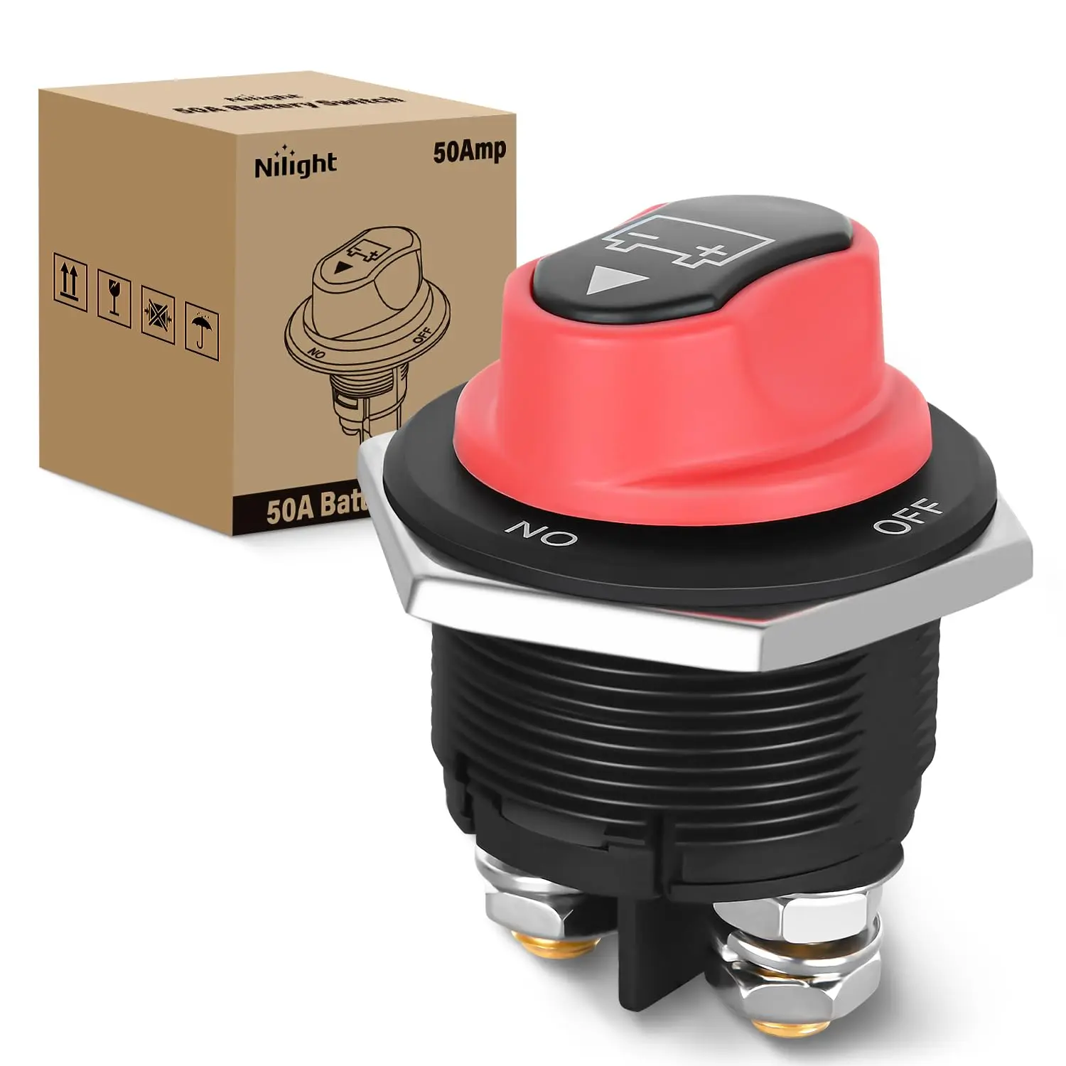 Nilight 200A 12V-48V Waterproof Heavy-Duty Battery Disconnect Switch, M8xP1.0 Thread, Heavy Duty Plastic Material, Copper Terminal Post, 2 Positions On-Off Master Isolator for Marine/Car/RVs