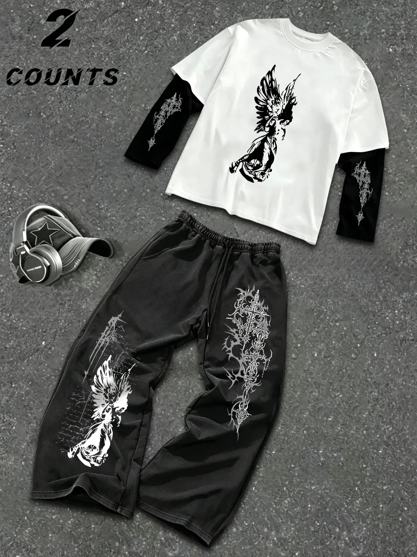 Two-Piece Set Fallen Angel Thorn Cross Print Oversized Long Sleeve Wide Leg Sweatpants, Dark Subculture British Cleanfit Aesthetic Style, Men's Streetwear
