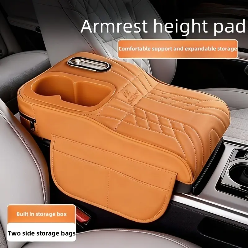 One car center console armrest mat, raised version with tissue box and cup holder, available in multiple colors.