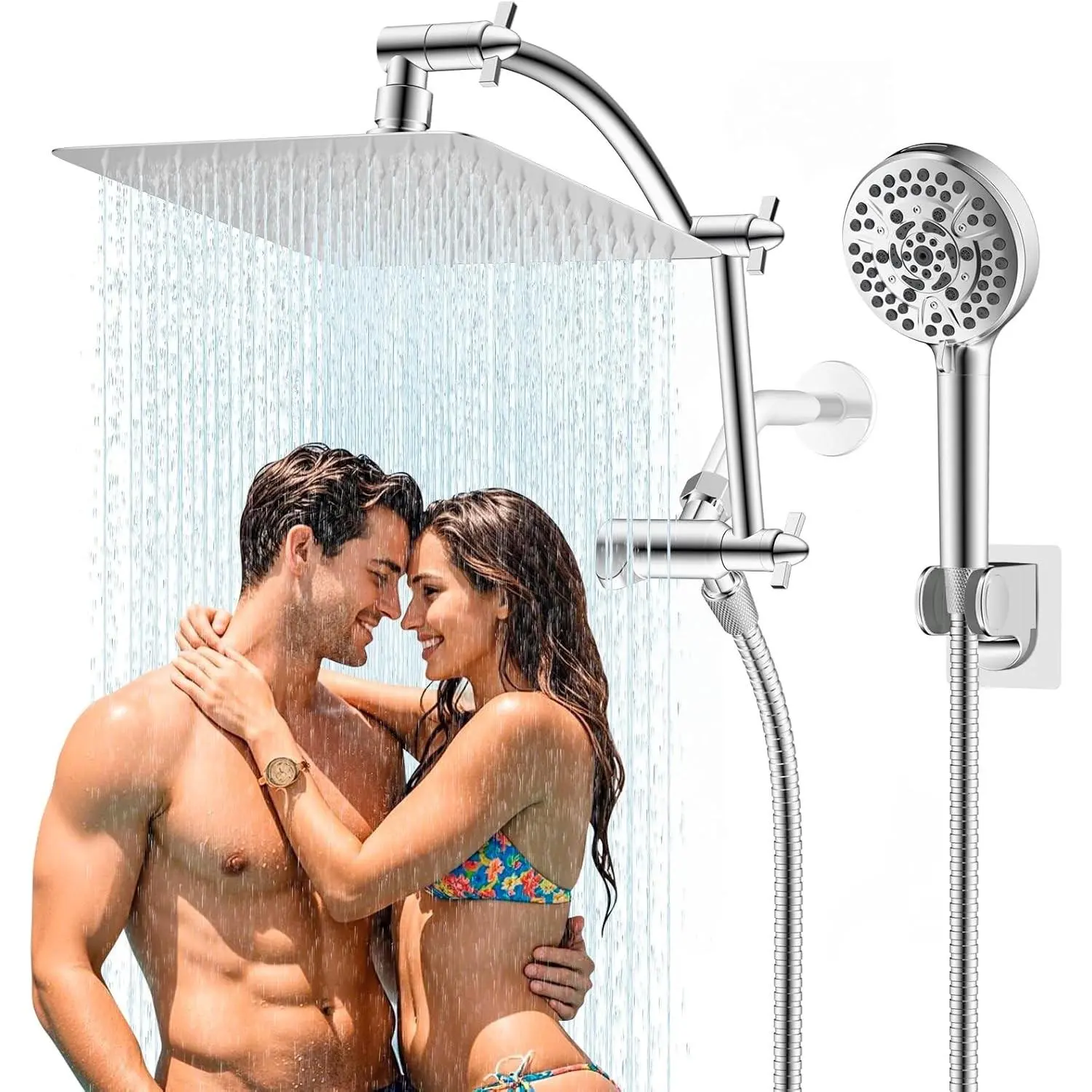All Metal cUPC Certified Shower Head, 10'' High Pressure Rainfall Shower Head, Handheld Showerhead Combo with 16'' Adjustable Extension Arm, 10 Sprays, 71'' Hose, Showerhead Holder, Chrome