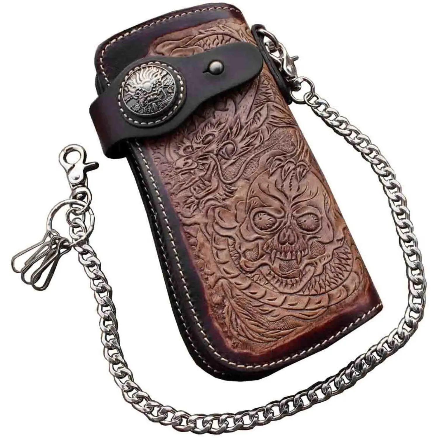 Dragon Skull Motorcylce Biker Cow Leather Card Holder Handmade Wallet With Chain