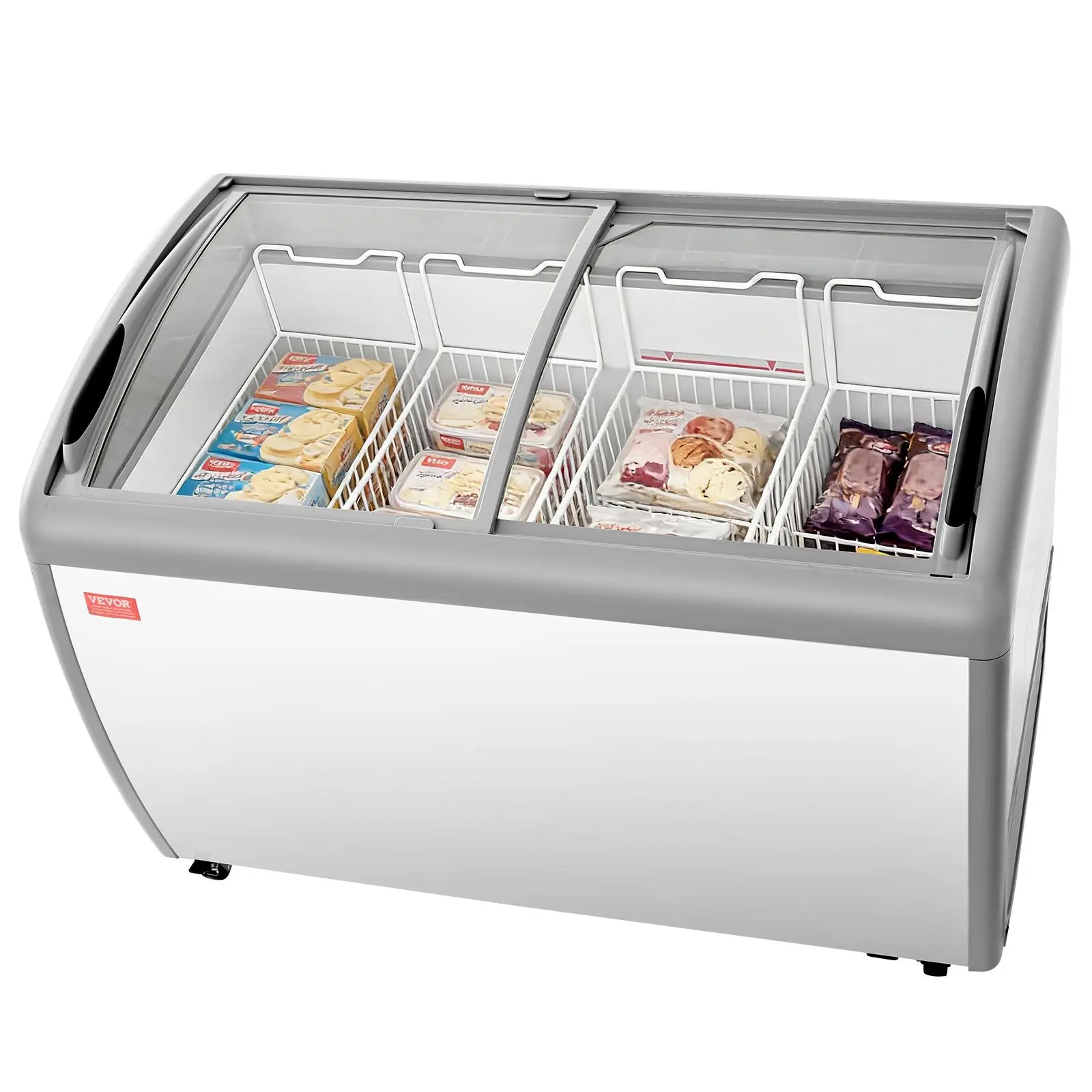 VEVOR 12.8 cu.ft/362 L Commercial Ice Cream Display Case, -28 to -16 °C Temp Adjustable Mobile Chest Freezer with Tempered Sliding Glass Doors, Locking Casters, Built-in LED Strip Lighting, 4 Wire Baskets