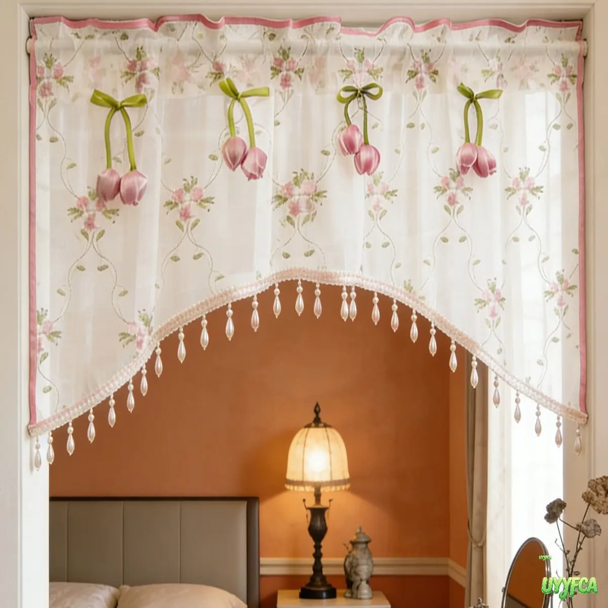 Romantic Tulip Floral Curtain Valance, Embroidered Semi-Sheer Voile Tier with Crystal Beaded Trim and Pink Ruffle Edge - French Cottagecore Rod Pocket for Kitchen or Bathroom Windows, Home Decorative Curtain, Semi Sheer Curtain