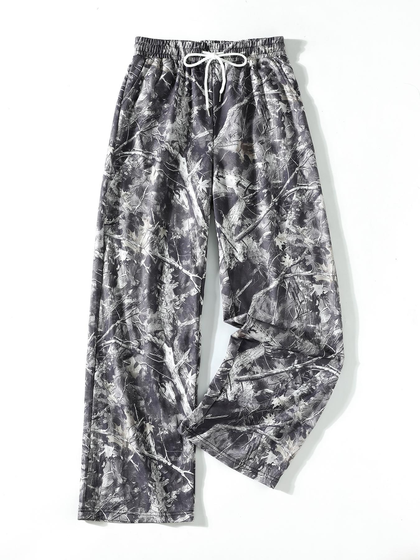 Women's Camo Wide Leg Pants with Pockets, Loose-Fit Adjustable Drawstring Waist, Casual Fashion for Spring Summer Fall, Adult Clothing