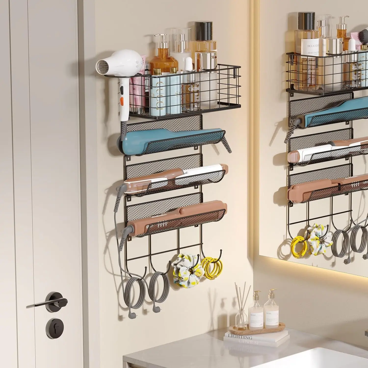 Wall-Mounted Hair Dryer Holder Organizer with 4-Shelf Wire Basket and Hook, Heat Safe Rack for Hair Straighteners, Curling Wands, Flat Iron, Perfume, Cabinet Door, Bathroom, KitchenGift