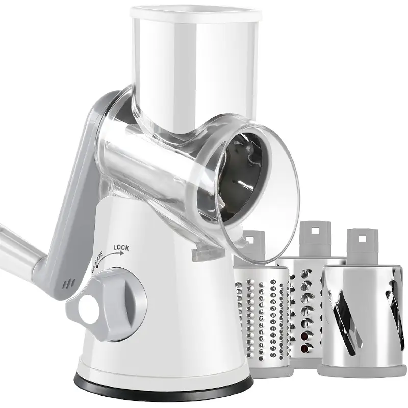 Rotary Cheese Grater with Handle, Kitchen Speed Hand Crank Vegetable Slicer, Potato Hash Brown Shredder Spinning Nut Grinder with 3 Replaceable Stainless Steel Drum Blades (White)
