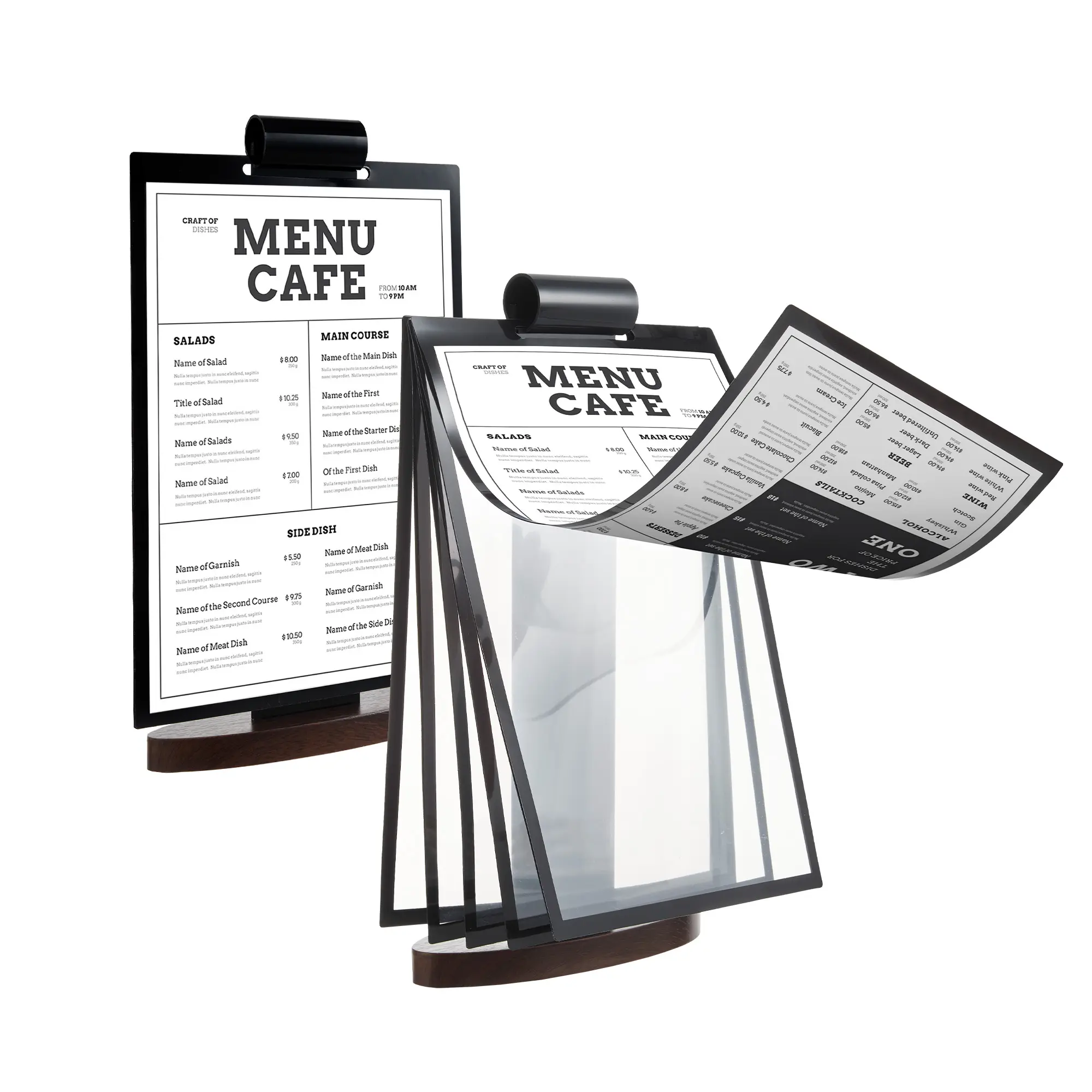 2PC Stand Tabletop Easel,A4 Acrylic Flip Menu Sign Holder with Walnut Wood Base, Vertical Desktop Display Stand