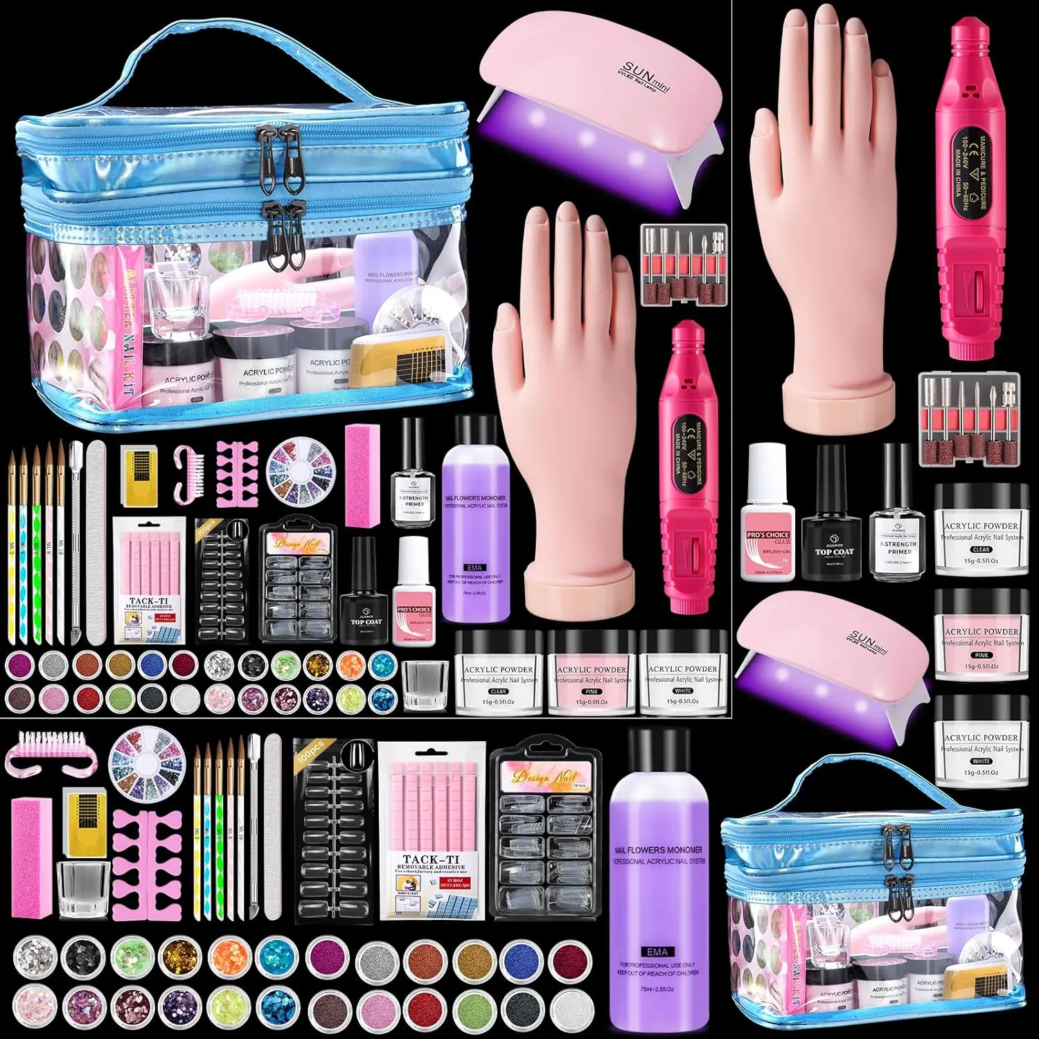 Nail Kit for Beginners with Everything in Cosmetic Bag, Practice Hand, Blue |   Complete Nail Starter Kit with Drill, Lamp, Acrylic Powders, Liquid Monomer, 24 Glitter Sequins, 200 Tips for Women Home DIY