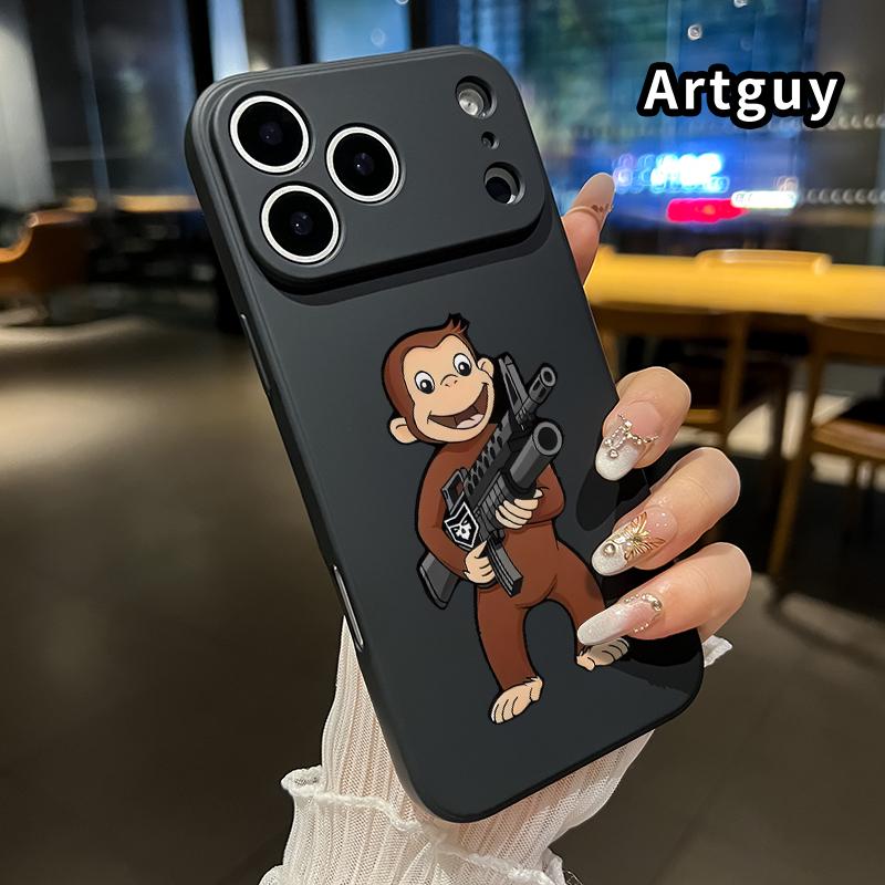 Machine Gun Monkey Pattern Straight Edge Phone Case Soft Case for iPhone 17 16 15 14 Pro Max 13 12 11 Air XR XS Plus Shockproof Drop Protection Rugged Durable Silicone Cover